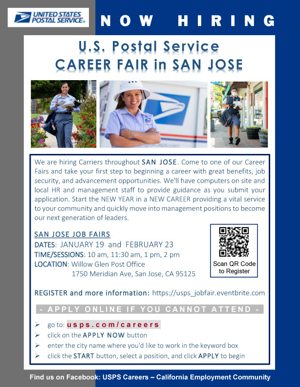 US Postal Service Career Fair in San Jose - Willow Glen Post Office, 1750 Meridian Ave, San Jose, CA 95125 - January 19 and February 23, Sessions: 10am, 11:30am, 1pm, 2pm PST