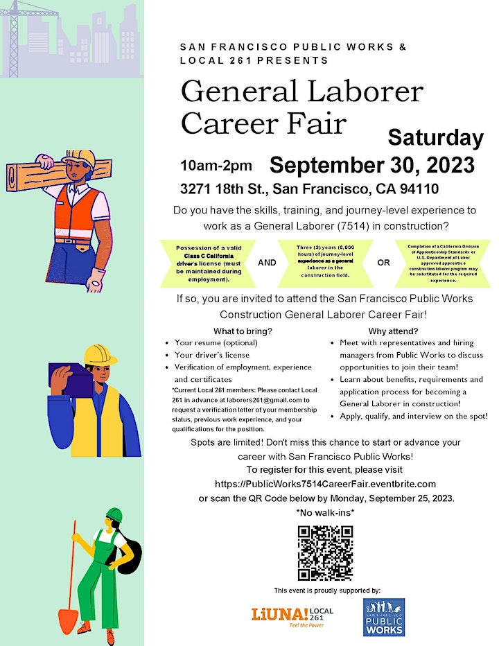Public Works Construction General Laborer Hiring Event - San Francisco, CA - September 30, 2023