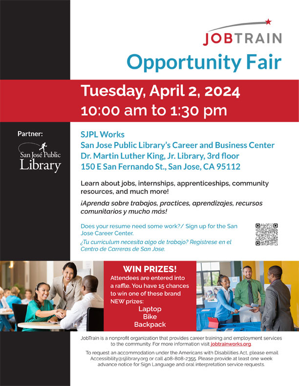JobTrain/SJPL Opportunity Fair - San Jose, CA - April 2, 2024
