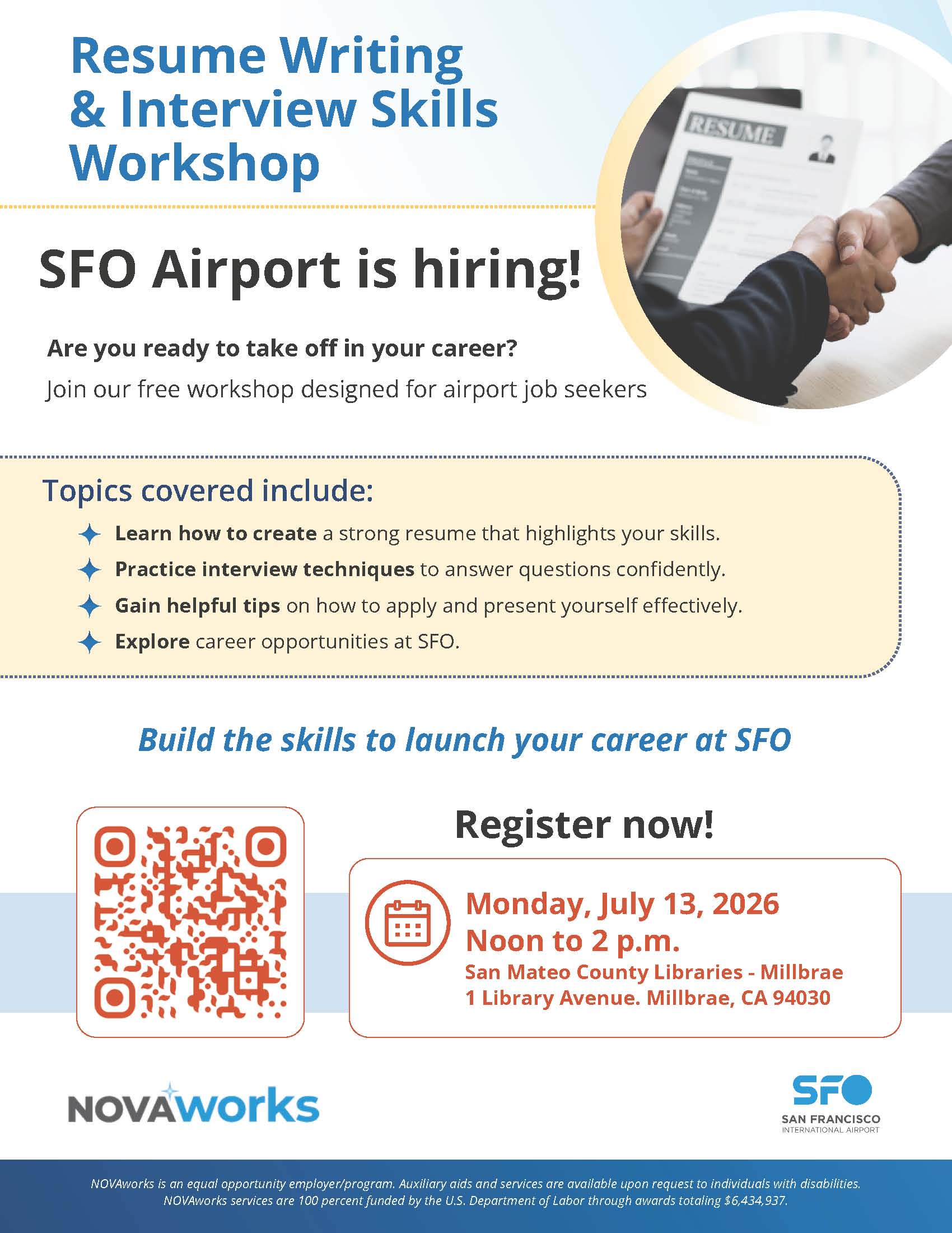 Resume Writing and Interview Skills Workshop – Millbrae, CA – July 13, 2026
