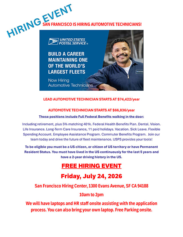 USPS Hiring Event for Automotive Technicians - San Francisco - July 24, 2026 - flyer